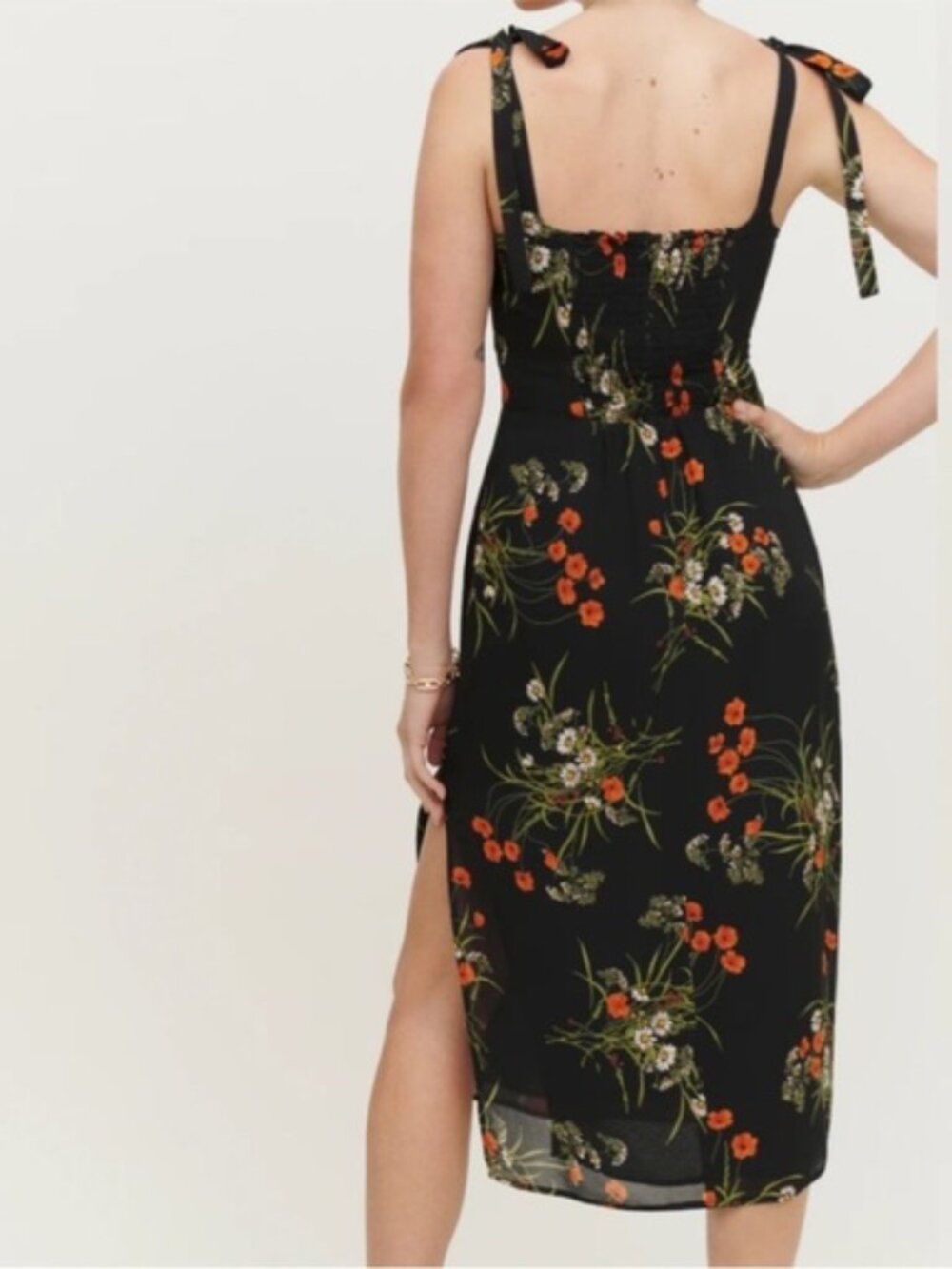 Reformation Besse Black Midi Dress with Orange Floral Print in 4 - Picture 2 of 7